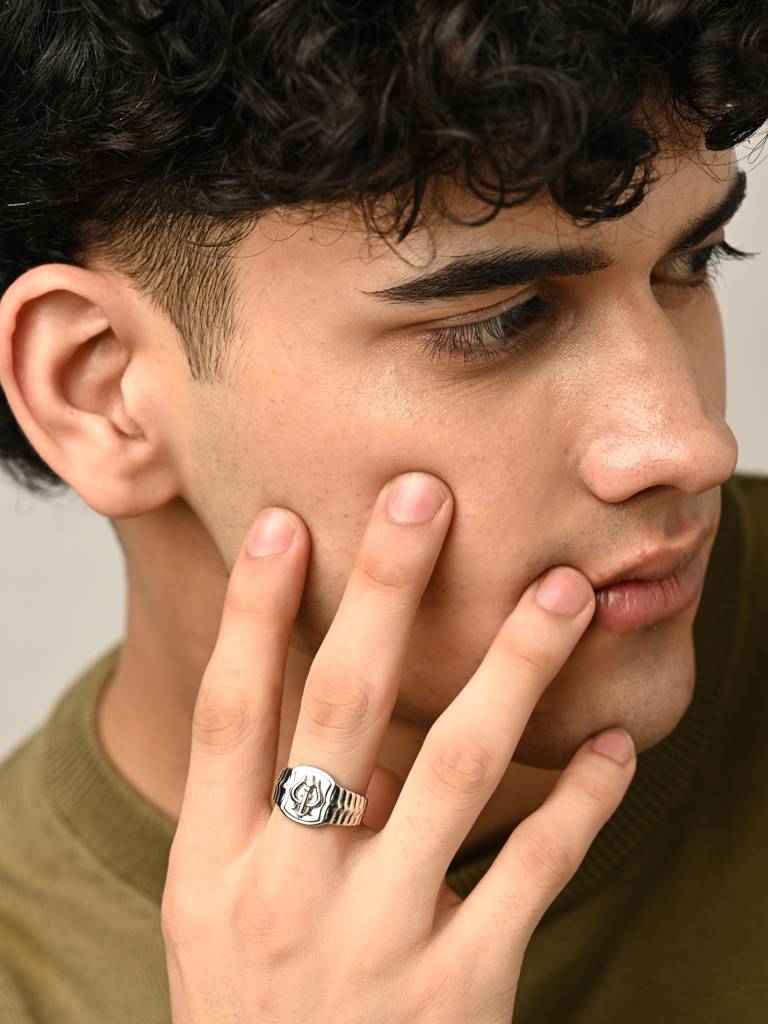 Clara 925 Silver Platinum Plated Trishul Religious Size Adjustable Men Ring For Men & Boys : CSMR21
