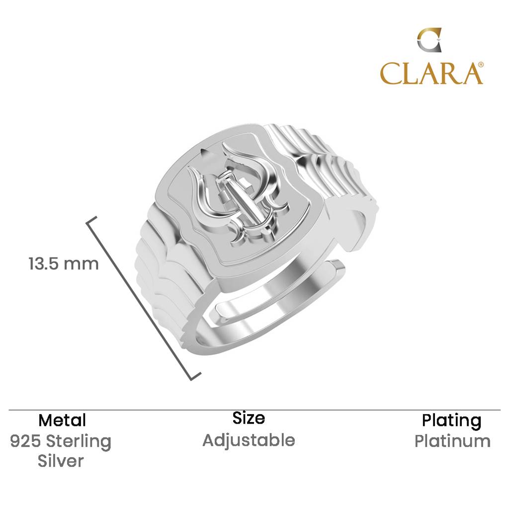Clara 925 Silver Platinum Plated Trishul Religious Size Adjustable Men Ring For Men & Boys : CSMR21