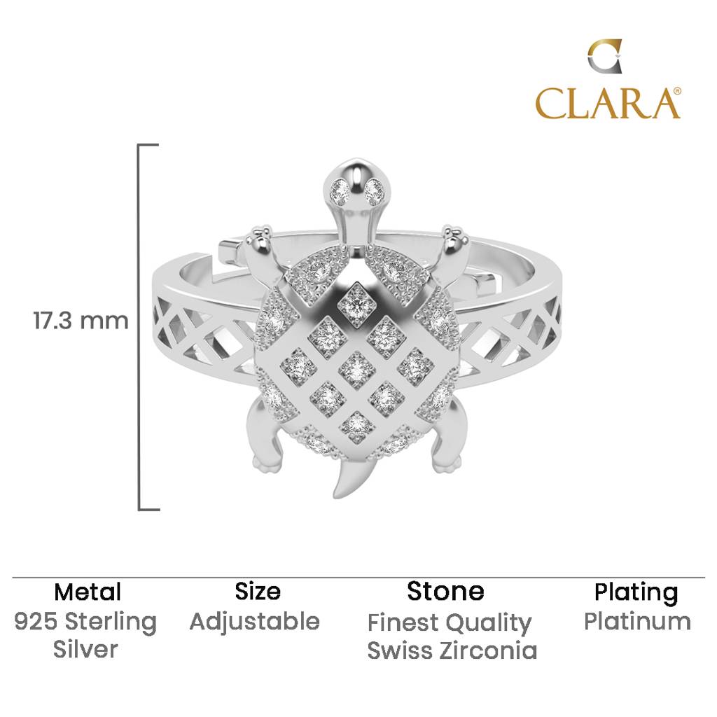 Clara 925 Silver Size Adjustable Platinum Plated Swiss Zirconia Good Luck Tortoise Turtle Men Ring For Men & Boys : CSMR23