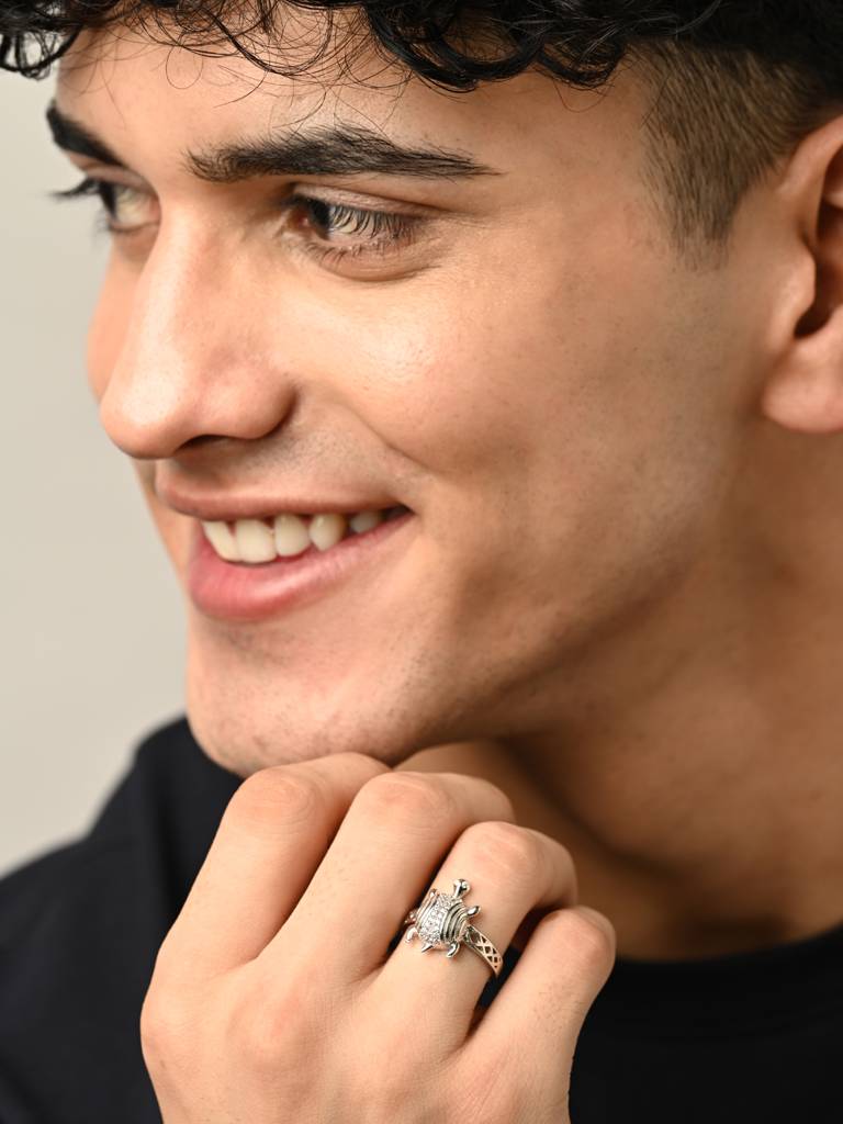 Clara 925 Silver Size Adjustable Platinum Plated Swiss Zirconia Lucky Tortoise Turtle Men Ring For Men & Boys : CSMR24
