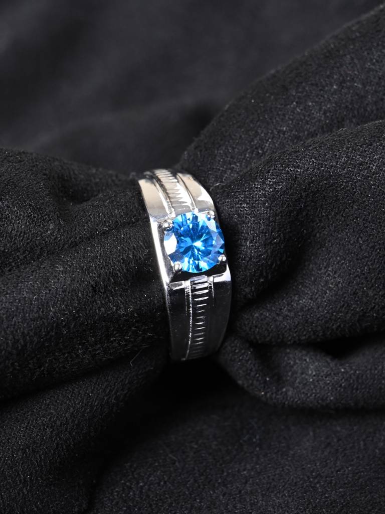 Clara 925 Silver Size Adjustable Platinum Plated Swiss Zirconia Blue Solitaire Men Ring For Men & Boys : CSMR28