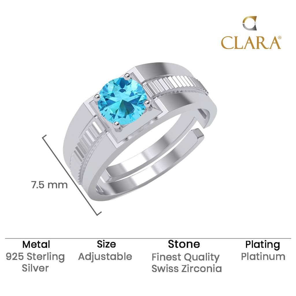 Clara 925 Silver Size Adjustable Platinum Plated Swiss Zirconia Blue Solitaire Men Ring For Men & Boys : CSMR28