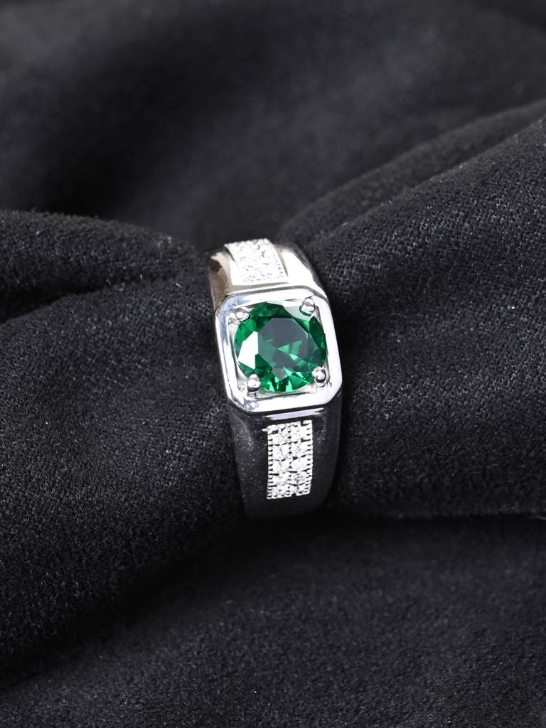 Clara 925 Silver Size Adjustable Platinum Plated Swiss Zirconia Dario Green Solitaire Men Ring For Men & Boys : CSMR29
