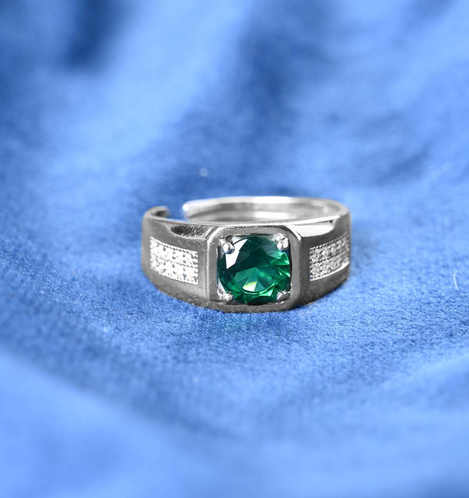 Clara 925 Silver Size Adjustable Platinum Plated Swiss Zirconia Dario Green Solitaire Men Ring For Men & Boys : CSMR29