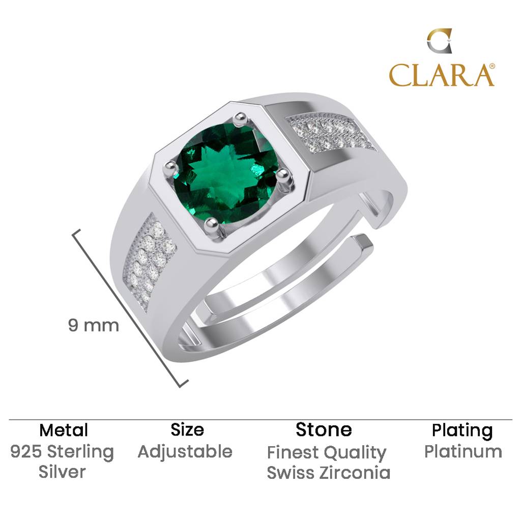 Clara 925 Silver Size Adjustable Platinum Plated Swiss Zirconia Dario Green Solitaire Men Ring For Men & Boys : CSMR29