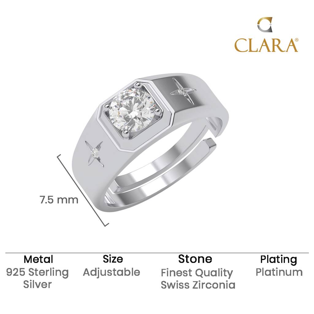 Clara 925 Silver Size Adjustable Platinum Plated Swiss Zirconia Star Solitaire Men Ring For Men & Boys : CSMR31