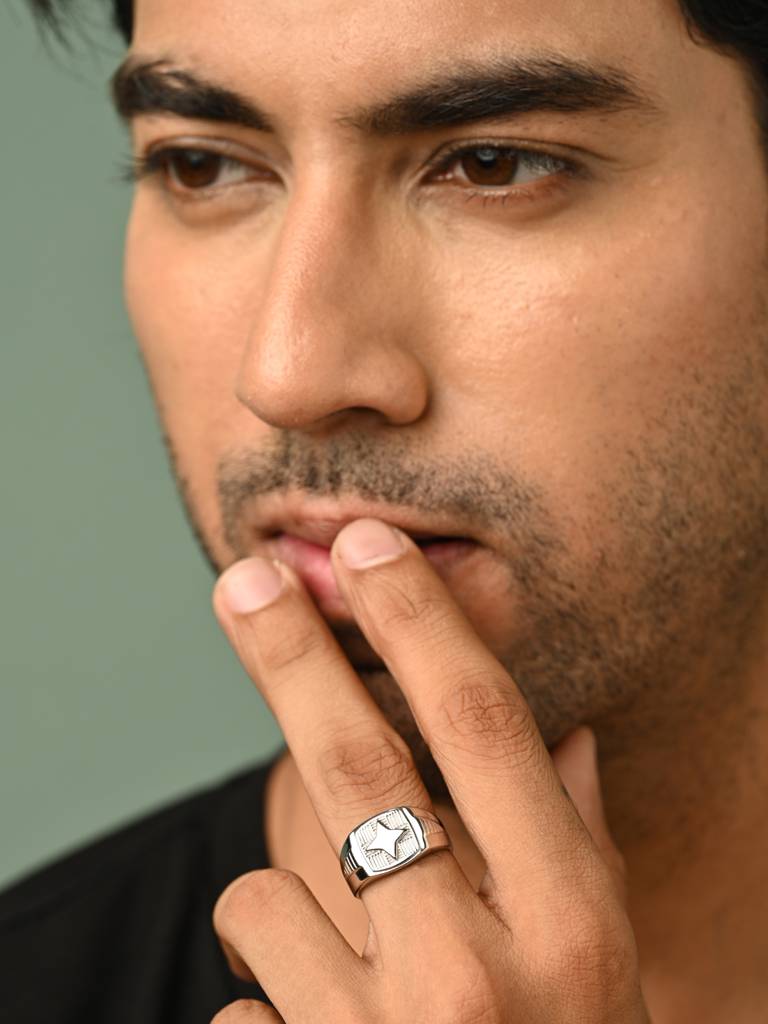 Clara 925 Silver Size Adjustable Platinum Plated Star Men Ring For Men & Boys : CSMR32