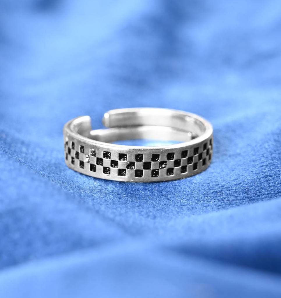 Clara 925 Silver Size Adjustable Oxidised Chess Men Ring For Men & Boys : CSMR33