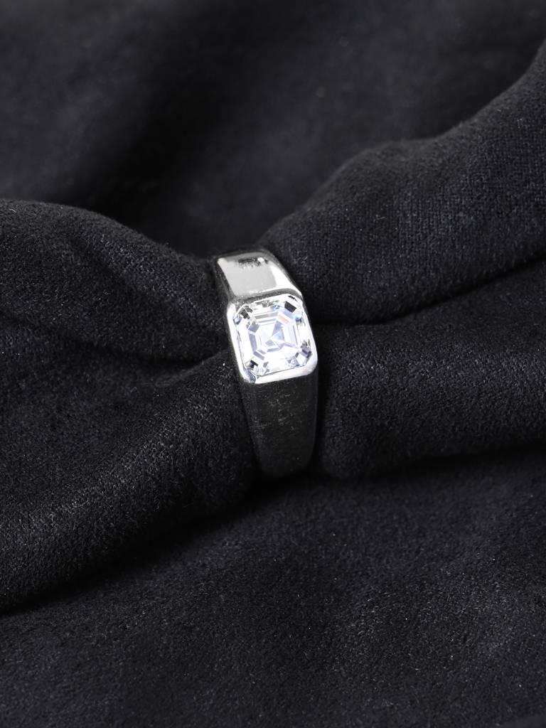 Clara 925 Silver Size Adjustable Platinum Plated Swiss Zirconia Noel Asscher Solitaire Men Ring For Men & Boys : CSMR36