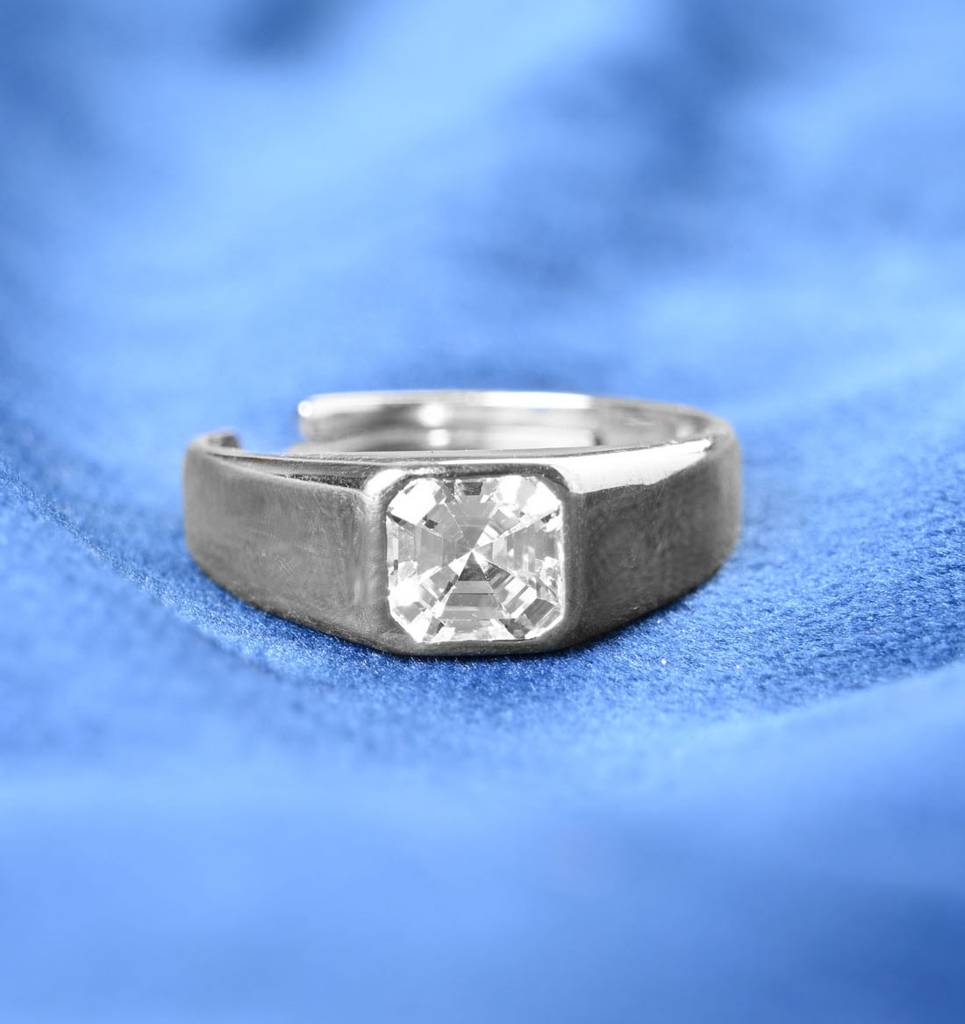 Clara 925 Silver Size Adjustable Platinum Plated Swiss Zirconia Noel Asscher Solitaire Men Ring For Men & Boys : CSMR36