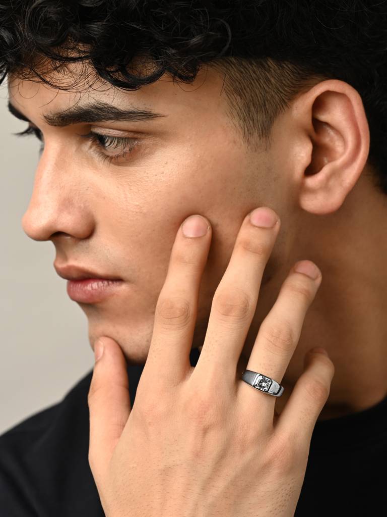 Clara 925 Silver Size Adjustable Platinum Plated Swiss Zirconia Noel Asscher Solitaire Men Ring For Men & Boys : CSMR36