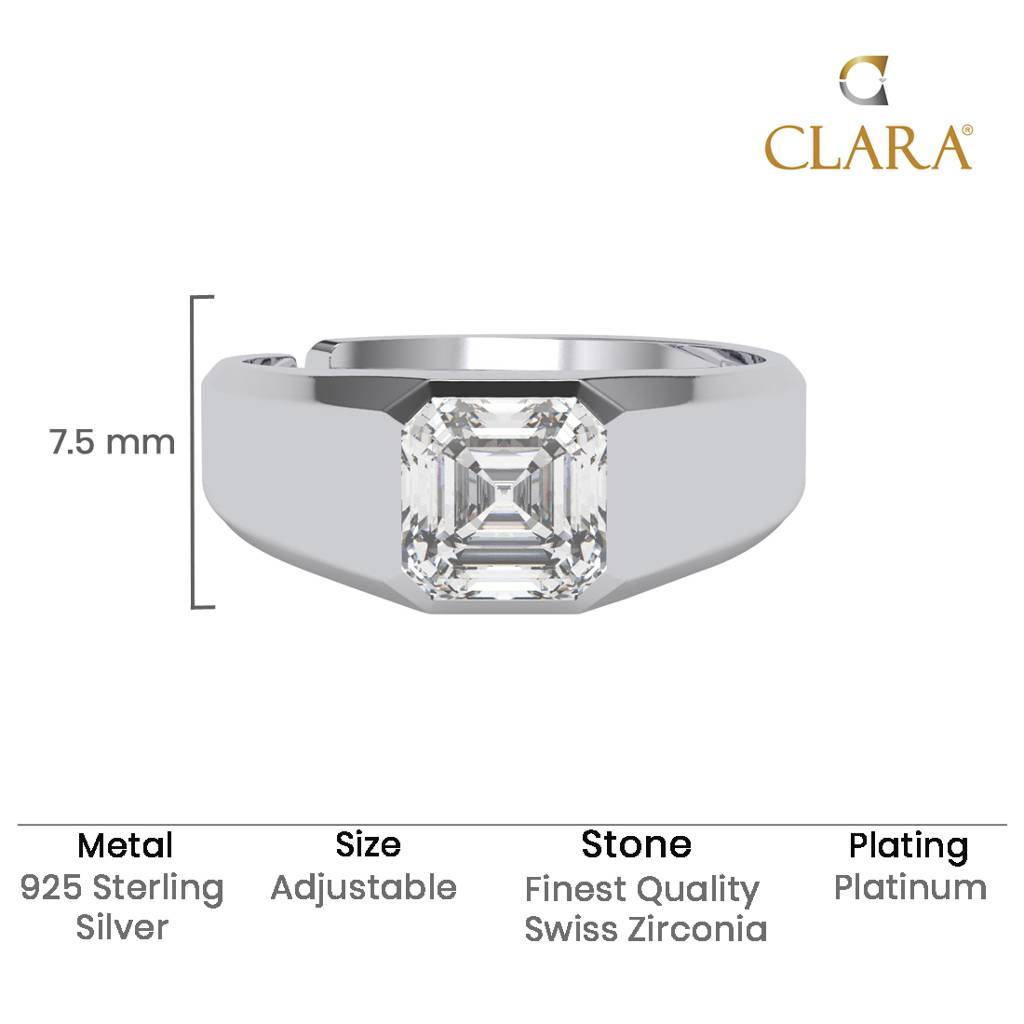 Clara 925 Silver Size Adjustable Platinum Plated Swiss Zirconia Noel Asscher Solitaire Men Ring For Men & Boys : CSMR36