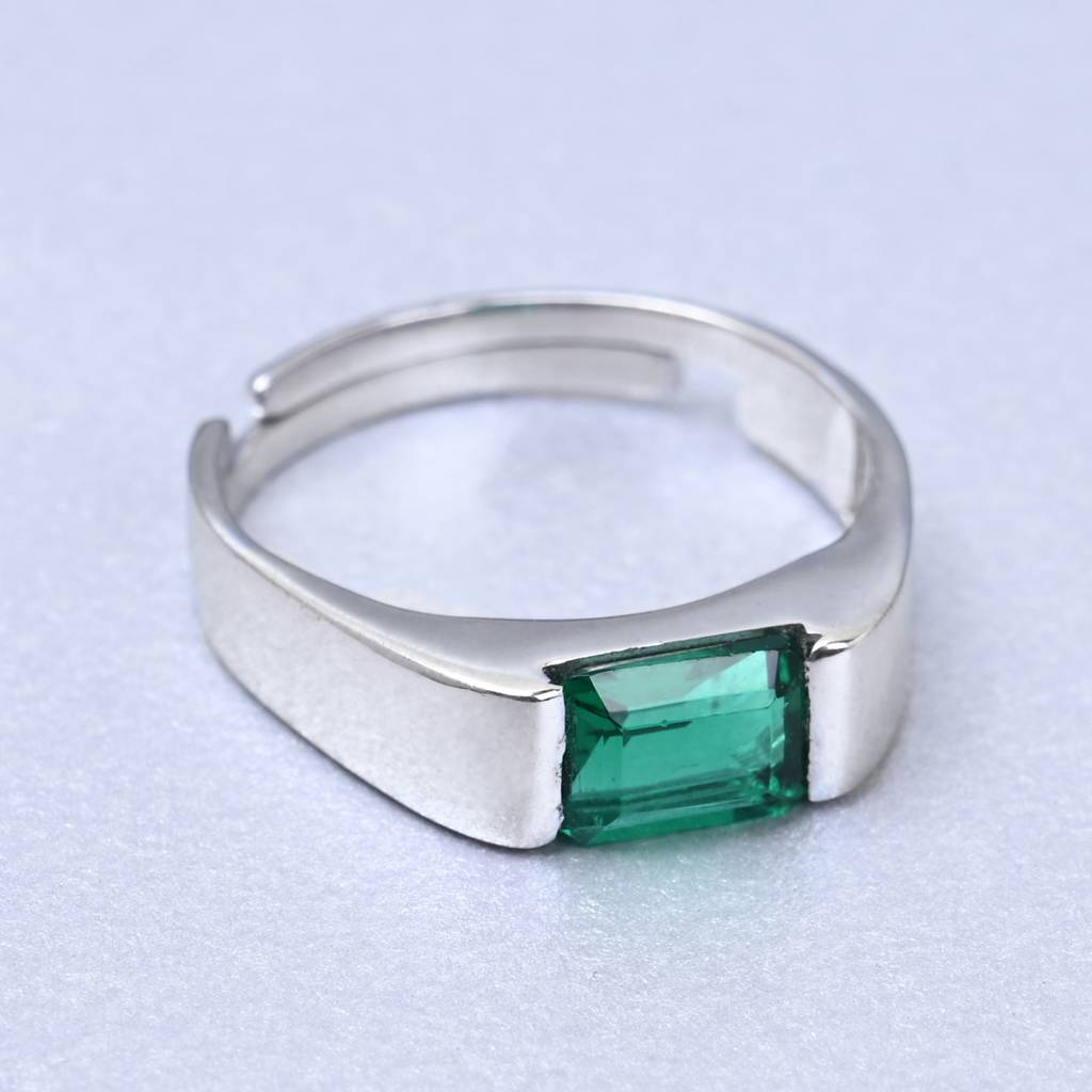 Clara 925 Sterling Silver Adjustable Rhodium Plated Swiss Zirconia Emerald Band Ring For Men & Boys : CSMR3