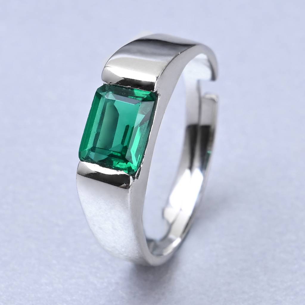 Clara 925 Sterling Silver Adjustable Rhodium Plated Swiss Zirconia Emerald Band Ring For Men & Boys : CSMR3