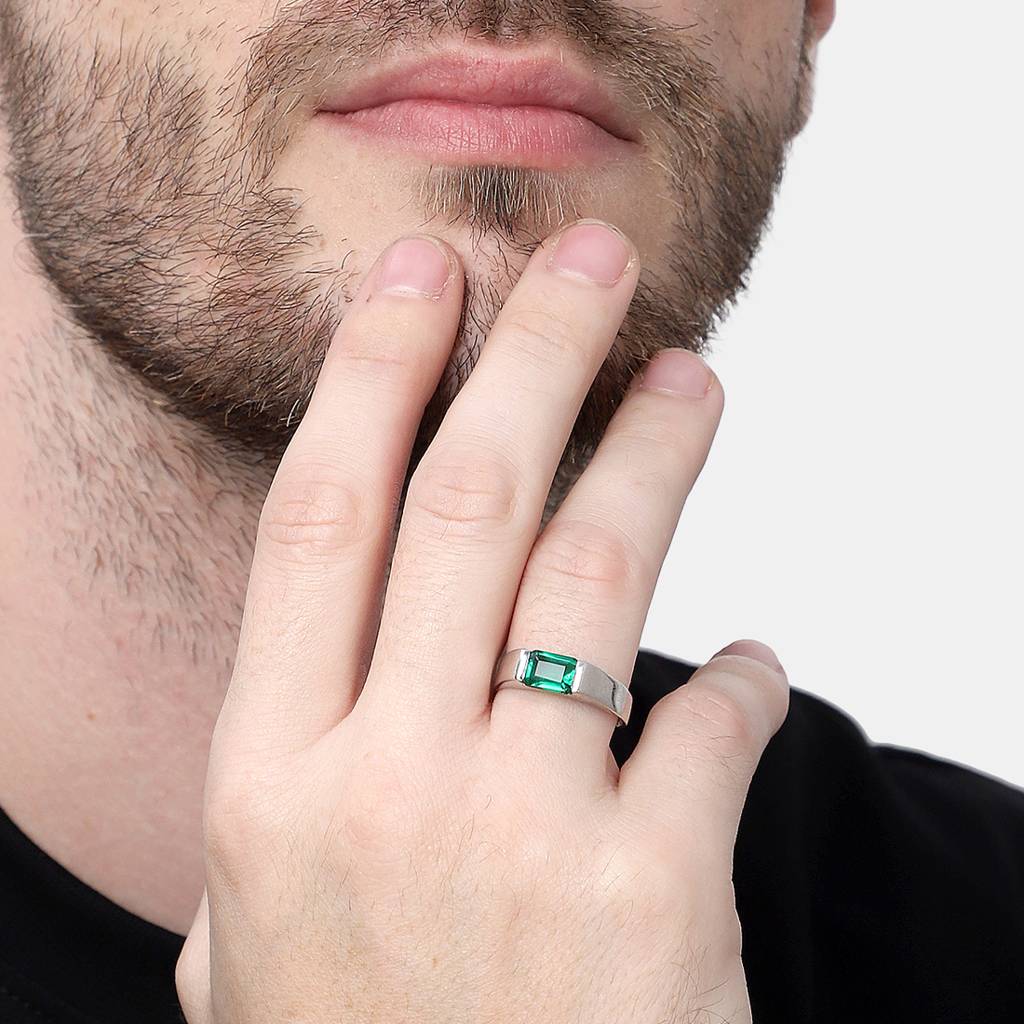Clara 925 Sterling Silver Adjustable Rhodium Plated Swiss Zirconia Emerald Band Ring For Men & Boys : CSMR3