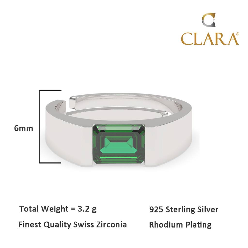 Clara 925 Sterling Silver Adjustable Rhodium Plated Swiss Zirconia Emerald Band Ring For Men & Boys : CSMR3