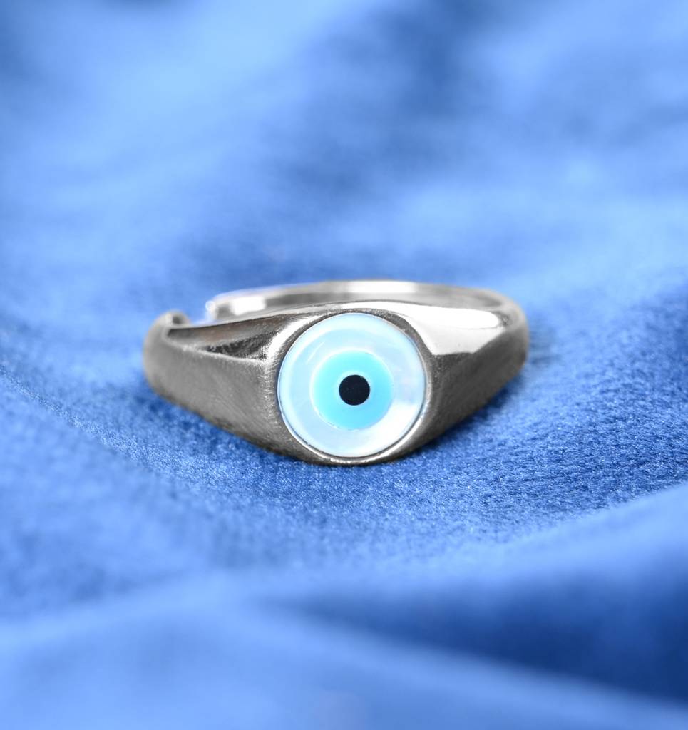Clara 925 Silver Size Adjustable, Platinum Plated Kian Evil Eye Men Ring For Men & Boys : CSMR48