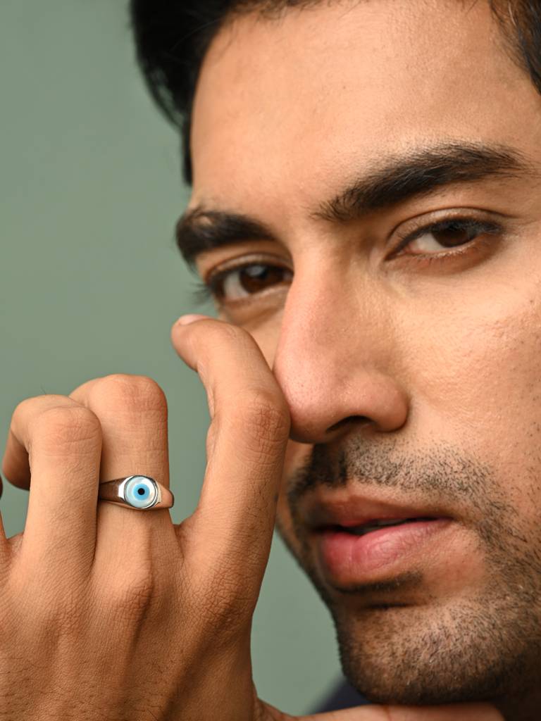 Clara 925 Silver Size Adjustable, Platinum Plated Kian Evil Eye Men Ring For Men & Boys : CSMR48