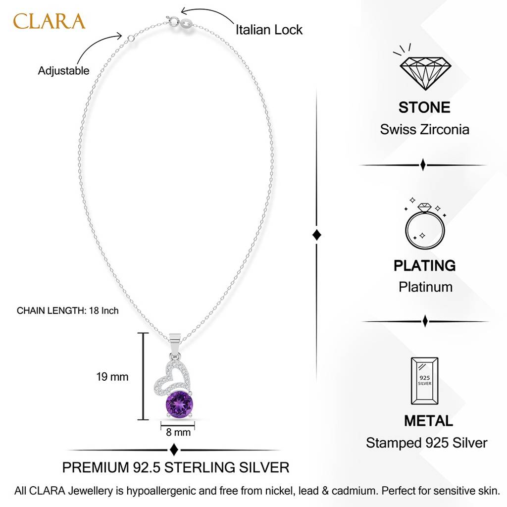 925 Silver Platinum Plated Minimal Venti Purple Heart Pendant Necklace With Chain For Women & Girls : CSP213_LCH