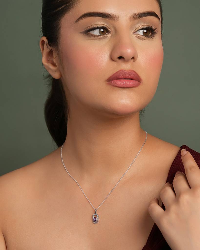 925 Silver Platinum Plated Minimal Asti Purple Pendant Necklace With Chain For Women & Girls : CSP215_LCH