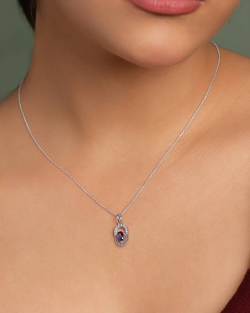 925 Silver Platinum Plated Minimal Asti Purple Pendant Necklace With Chain For Women & Girls : CSP215_LCH