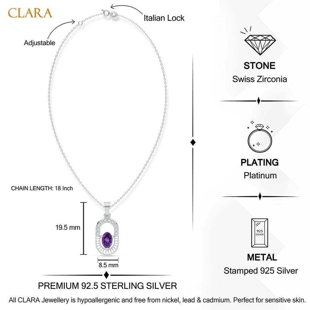 925 Silver Platinum Plated Minimal Asti Purple Pendant Necklace With Chain For Women & Girls : CSP215_LCH