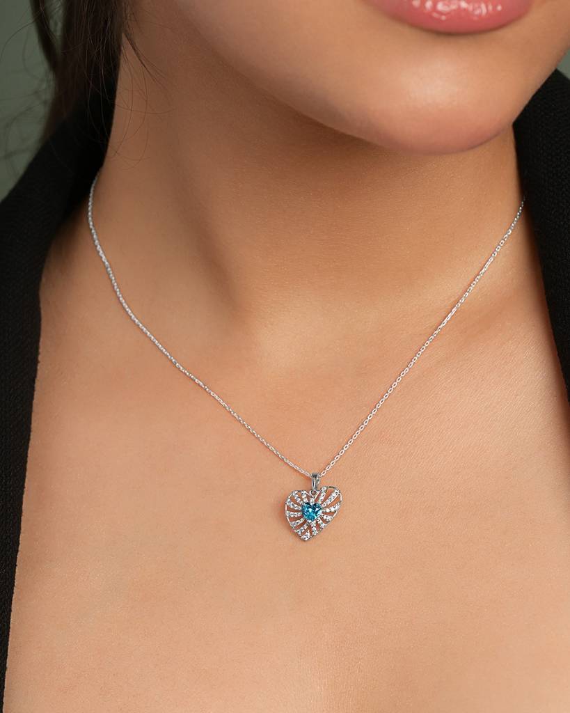 925 Silver Platinum Plated Minimal Amata Sky Blue Heart Pendant Necklace With Chain For Women & Girls : CSP233_LCH