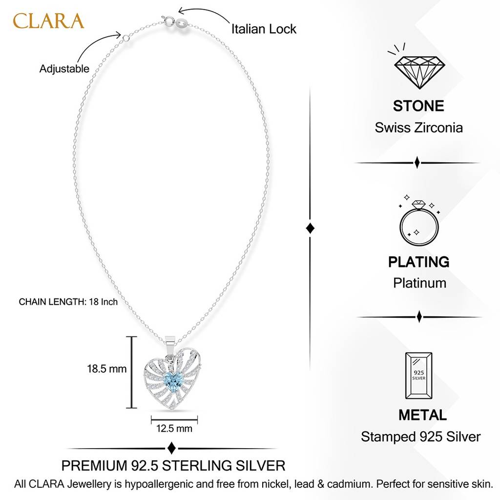 925 Silver Platinum Plated Minimal Amata Sky Blue Heart Pendant Necklace With Chain For Women & Girls : CSP233_LCH