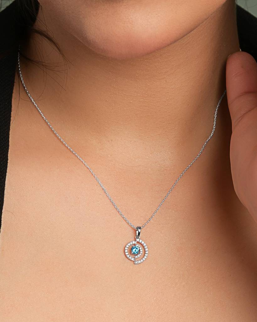 925 Silver Platinum Plated Minimal Rici Sky Blue Pendant Necklace With Chain For Women & Girls : CSP234_LCH