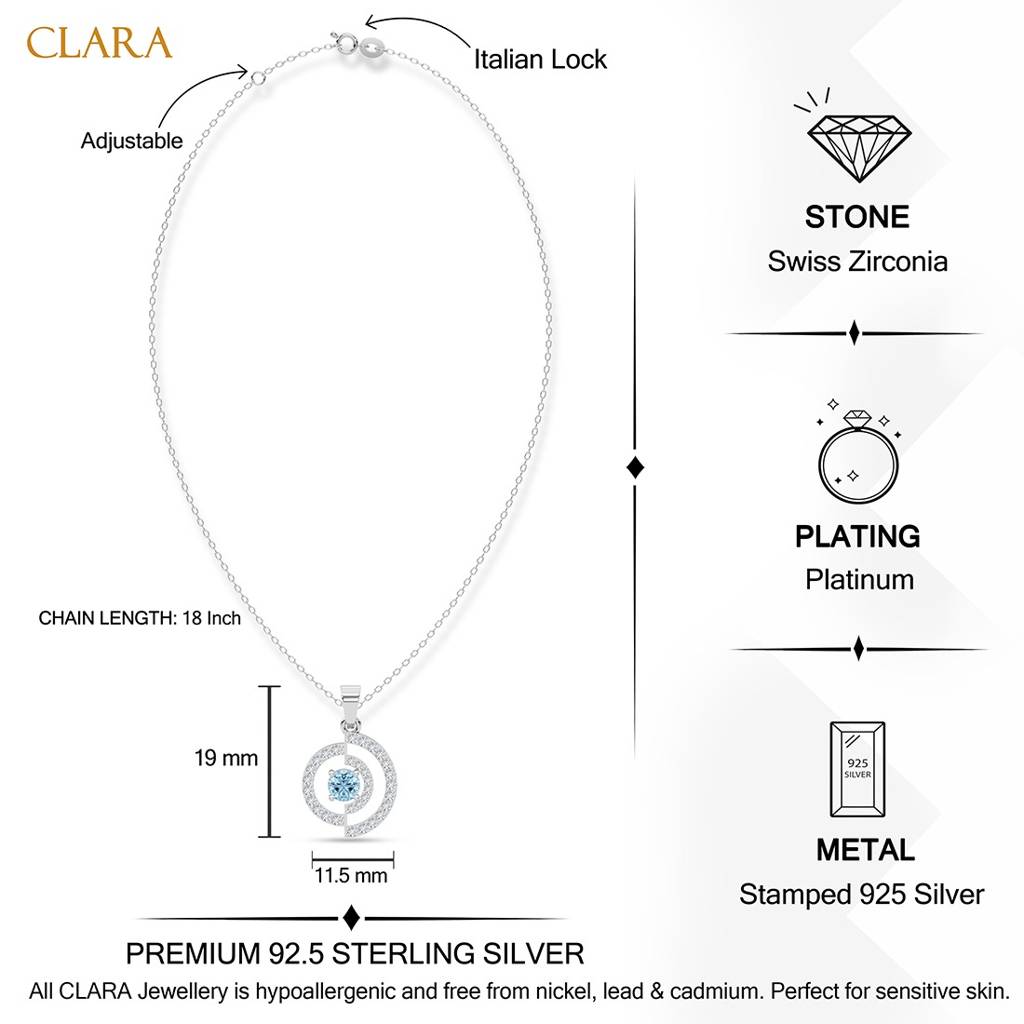 925 Silver Platinum Plated Minimal Rici Sky Blue Pendant Necklace With Chain For Women & Girls : CSP234_LCH