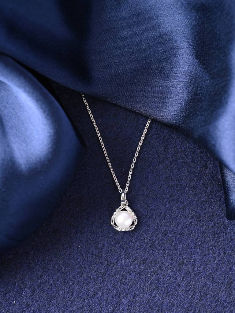 925 Sterling Silver Platinum Plated Swiss Zirconia Zuha Freshwater Pearl Pendant Chain Necklace For Women & Gi : CSPCZP30
