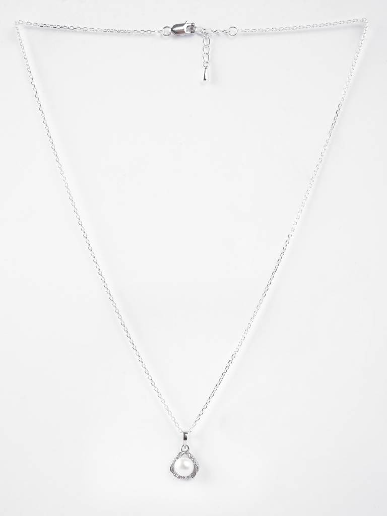 925 Sterling Silver Platinum Plated Swiss Zirconia Zuha Freshwater Pearl Pendant Chain Necklace For Women & Gi : CSPCZP30