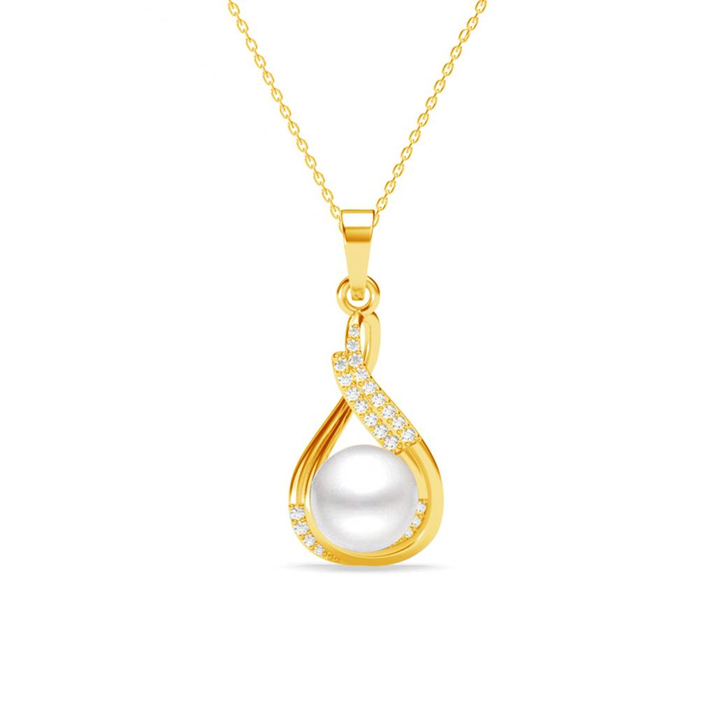 925 Sterling Silver Gold Plated Swiss Zirconia Esin Real Pearl Pendant Chain Necklace For Women & Girls : CSPCZP31