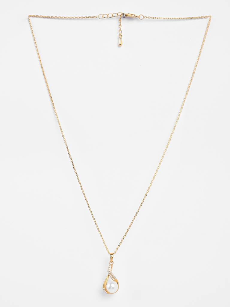 925 Sterling Silver Gold Plated Swiss Zirconia Esin Real Pearl Pendant Chain Necklace For Women & Girls : CSPCZP31