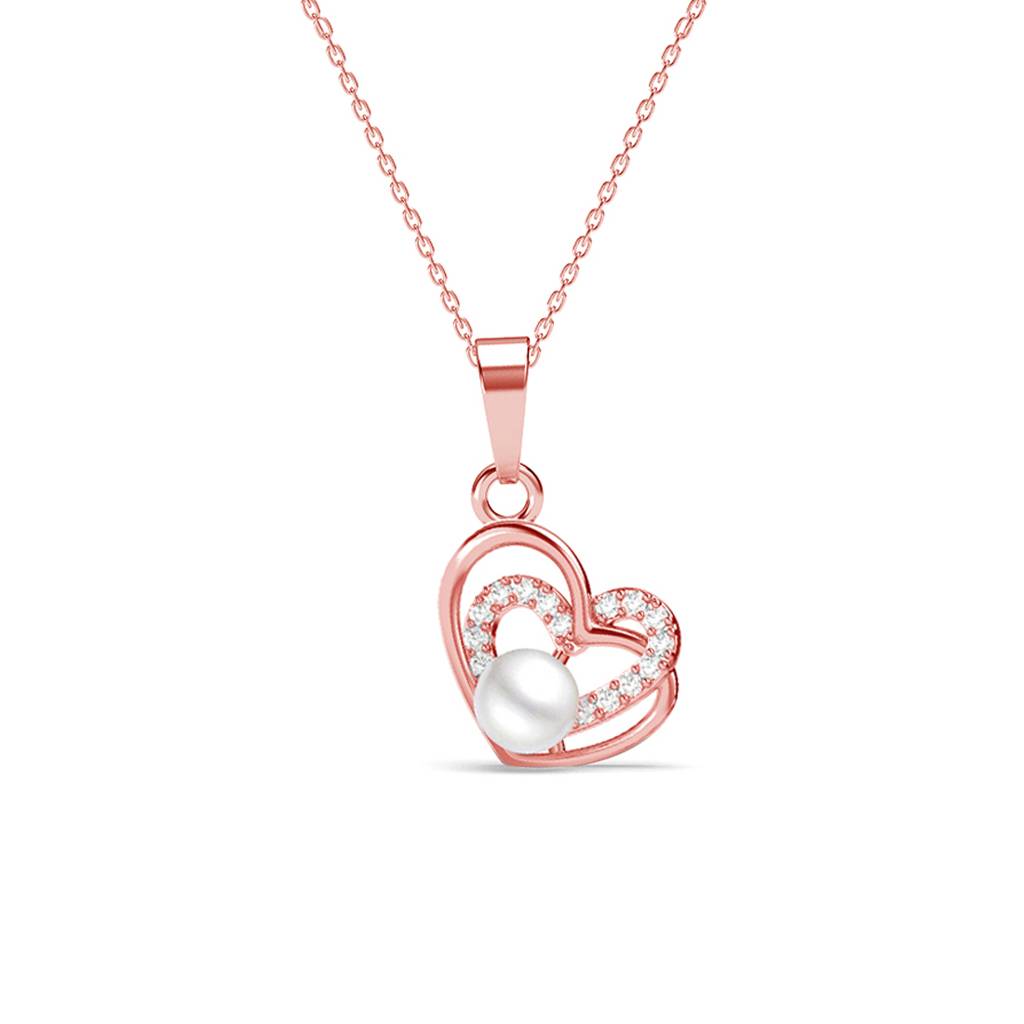 925 Sterling Silver Rose Gold Plated Swiss Zirconia Adah Freshwater Pearl Heart Pendant Chain Necklace For Wom : CSPCZP32