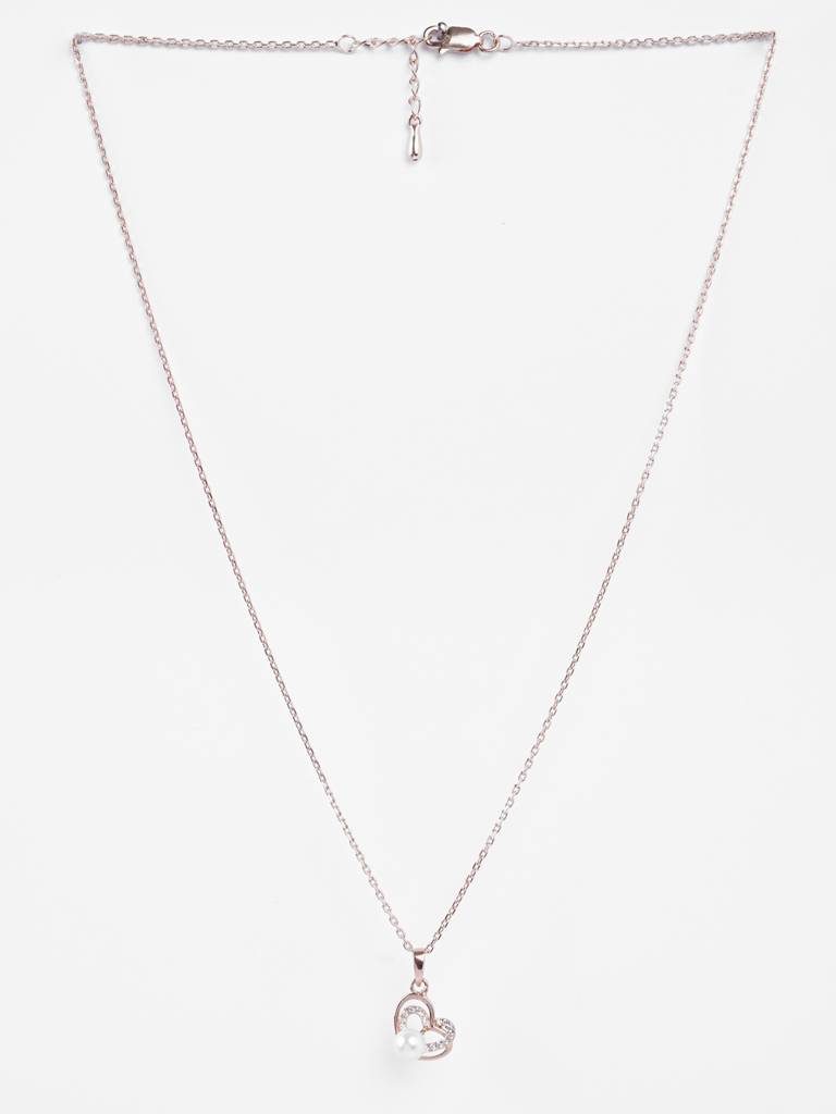 925 Sterling Silver Rose Gold Plated Swiss Zirconia Adah Freshwater Pearl Heart Pendant Chain Necklace For Wom : CSPCZP32