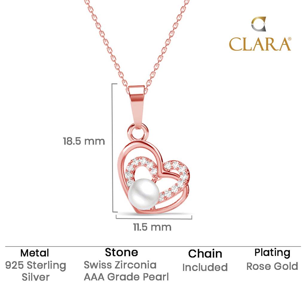 925 Sterling Silver Rose Gold Plated Swiss Zirconia Adah Freshwater Pearl Heart Pendant Chain Necklace For Wom : CSPCZP32