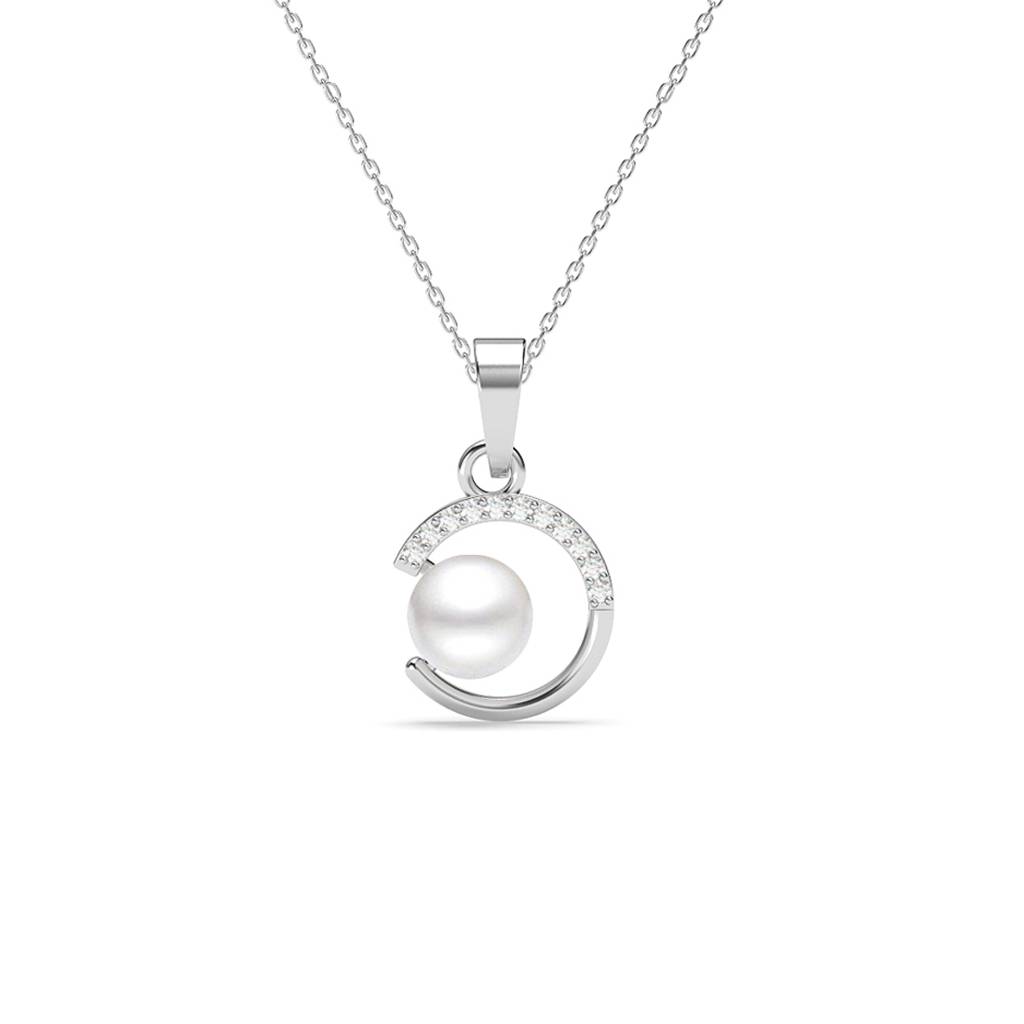 925 Sterling Silver Platinum Plated Swiss Zirconia Zola Real Pearl Pendant Chain Necklace For Women & Girls : CSPCZP34