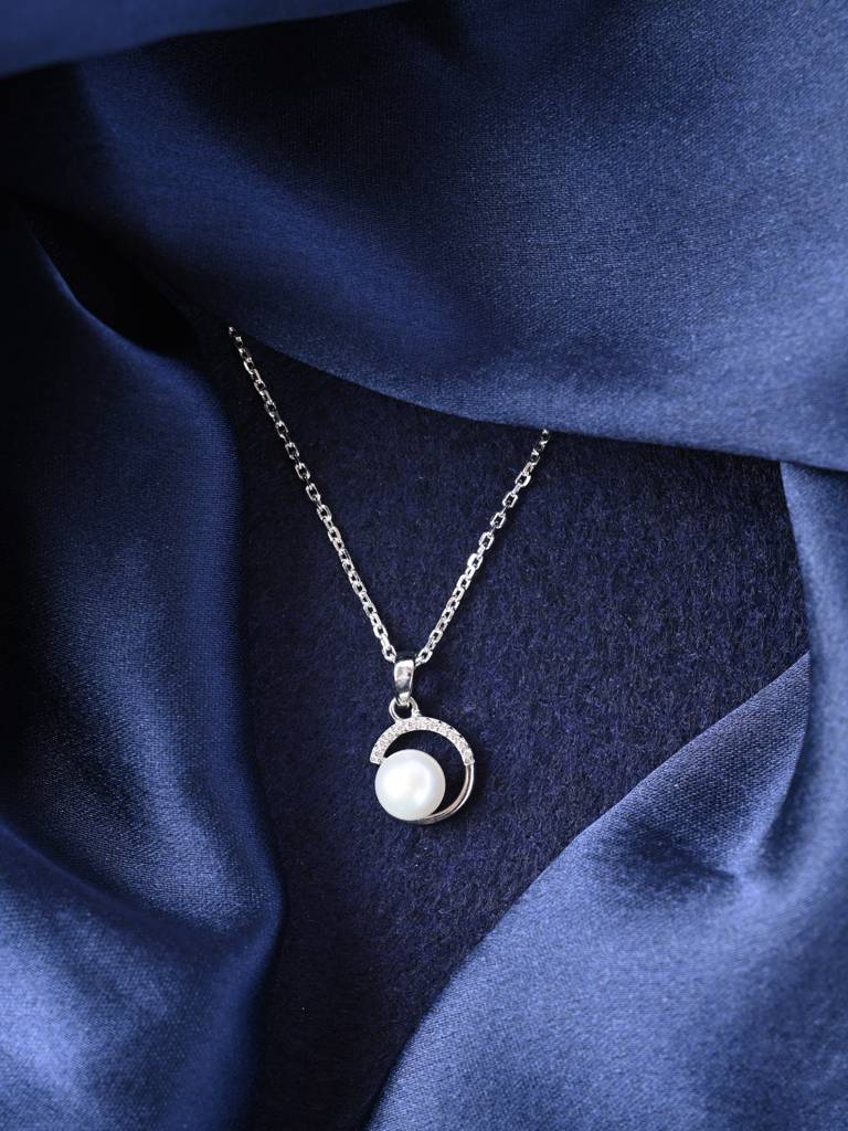 925 Sterling Silver Platinum Plated Swiss Zirconia Zola Real Pearl Pendant Chain Necklace For Women & Girls : CSPCZP34