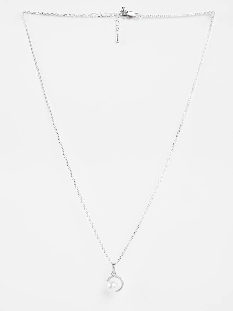 925 Sterling Silver Platinum Plated Swiss Zirconia Zola Real Pearl Pendant Chain Necklace For Women & Girls : CSPCZP34