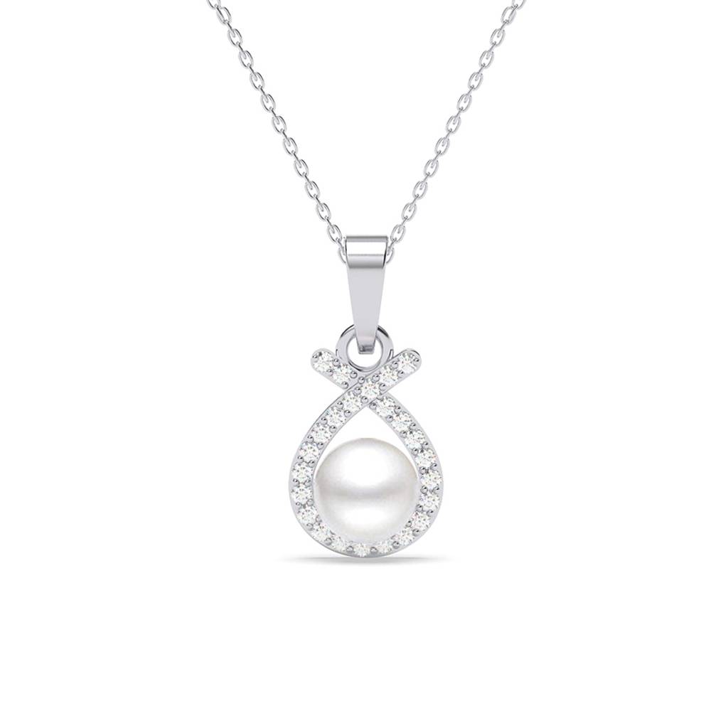 925 Sterling Silver Platinum Plated Swiss Zirconia Asal Freshwater Pearl Pendant Chain Necklace For Women & Gi : CSPCZP35