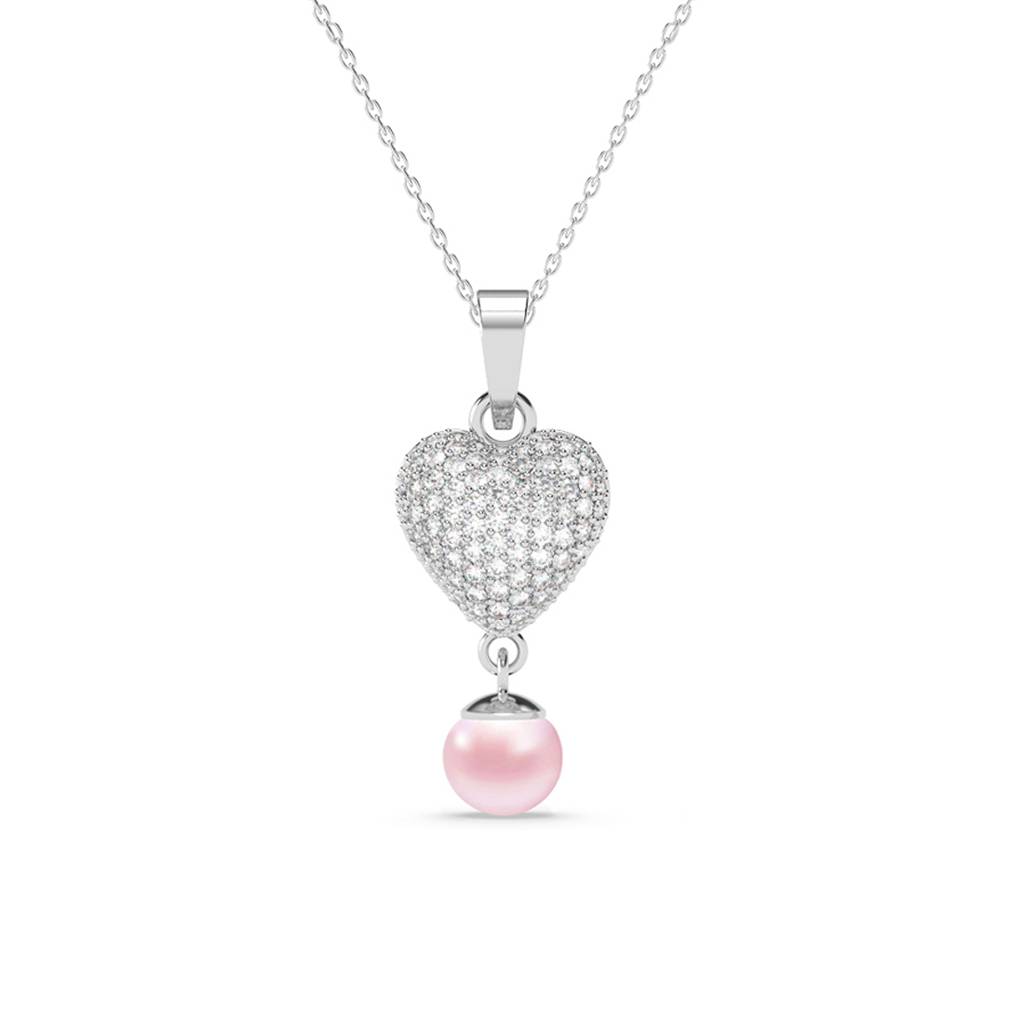 925 Sterling Silver Platinum Plated Swiss Zirconia Nazy Pink Pearl Heart Pendant Chain Necklace For Women & Gi : CSPCZP37
