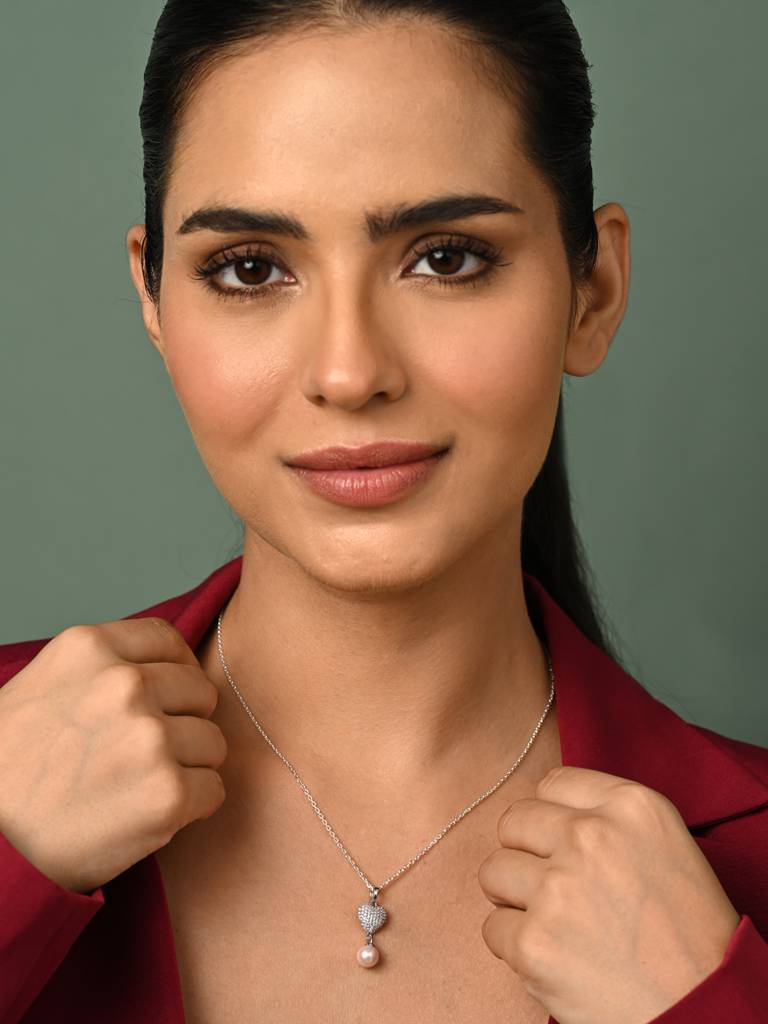 925 Sterling Silver Platinum Plated Swiss Zirconia Nazy Pink Pearl Heart Pendant Chain Necklace For Women & Gi : CSPCZP37