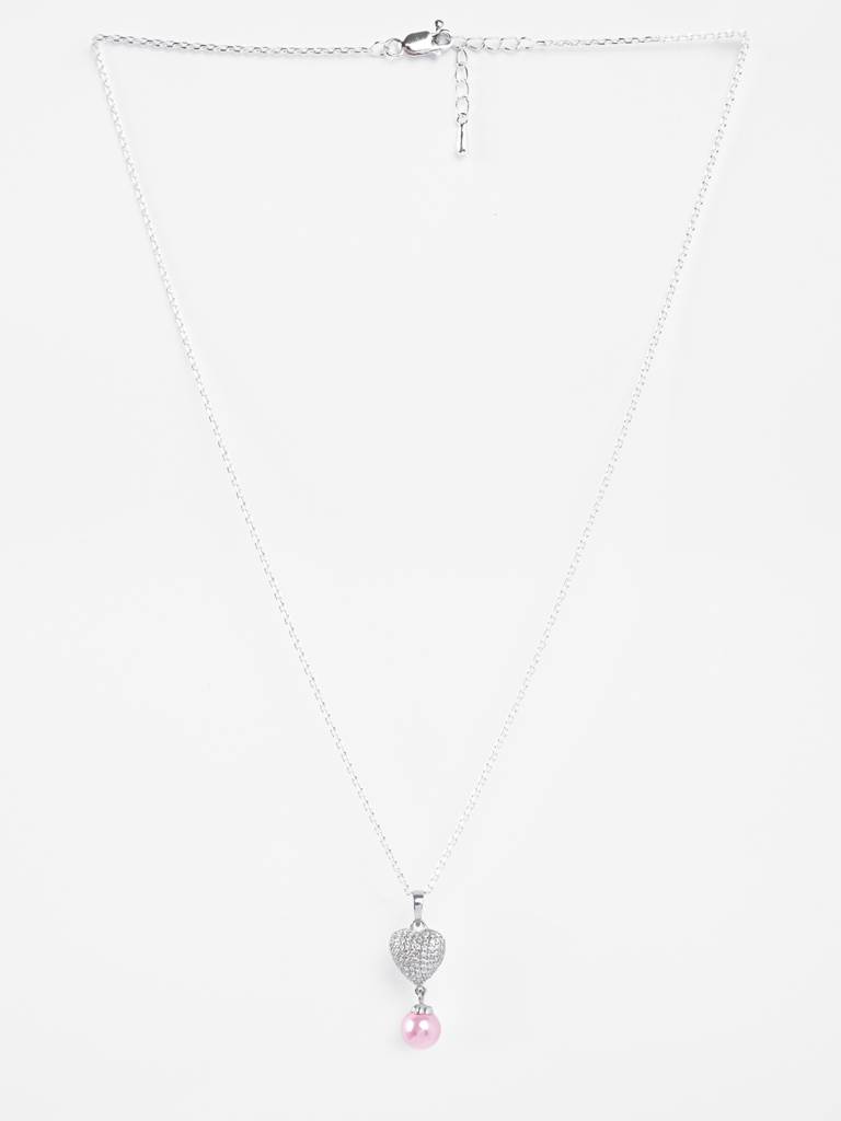 925 Sterling Silver Platinum Plated Swiss Zirconia Nazy Pink Pearl Heart Pendant Chain Necklace For Women & Gi : CSPCZP37
