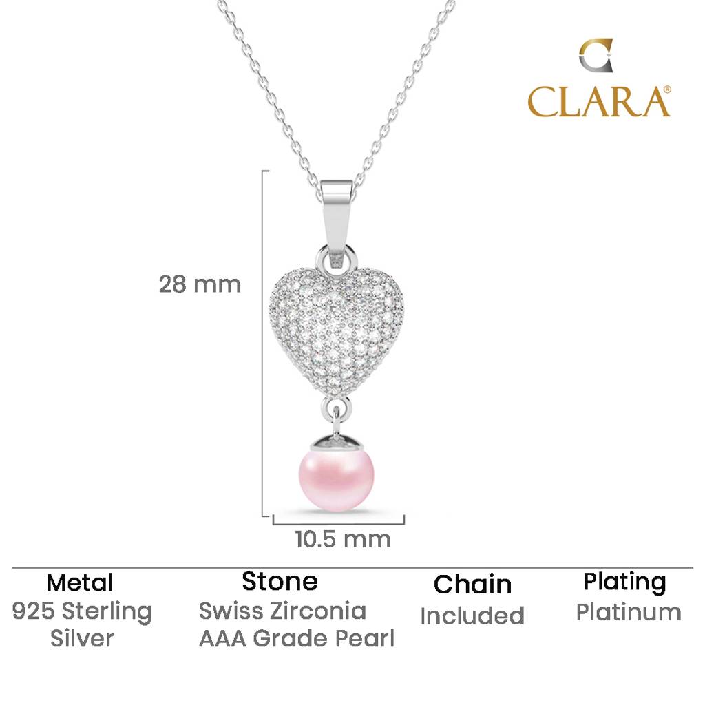 925 Sterling Silver Platinum Plated Swiss Zirconia Nazy Pink Pearl Heart Pendant Chain Necklace For Women & Gi : CSPCZP37