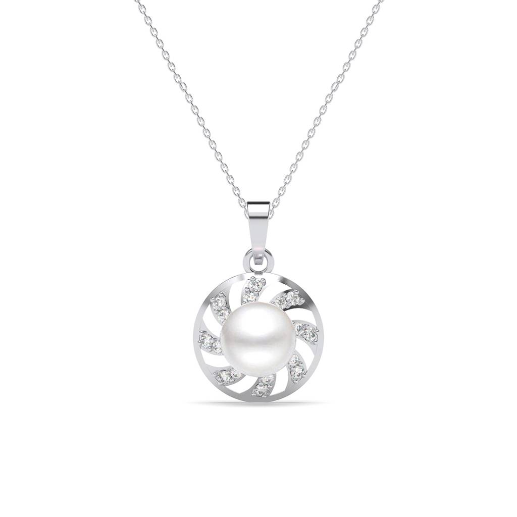 925 Sterling Silver Platinum Plated Swiss Zirconia Damsa Real Pearl Pendant Chain Necklace For Women & Girls : CSPCZP38
