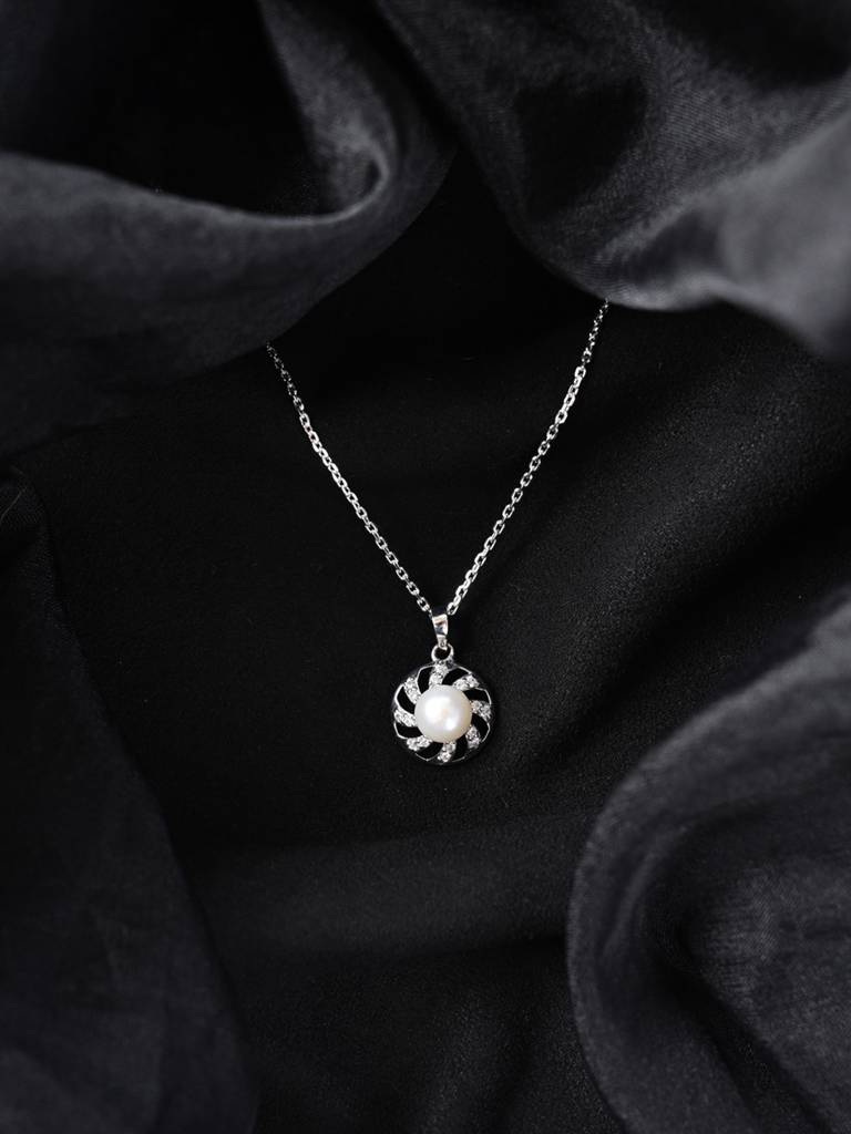 925 Sterling Silver Platinum Plated Swiss Zirconia Damsa Real Pearl Pendant Chain Necklace For Women & Girls : CSPCZP38