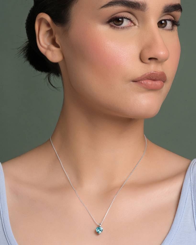 925 Sterling Silver Sky Blue Solitaire Heart Pendant With Chain : CSSOLP1HT_BT_LCH
