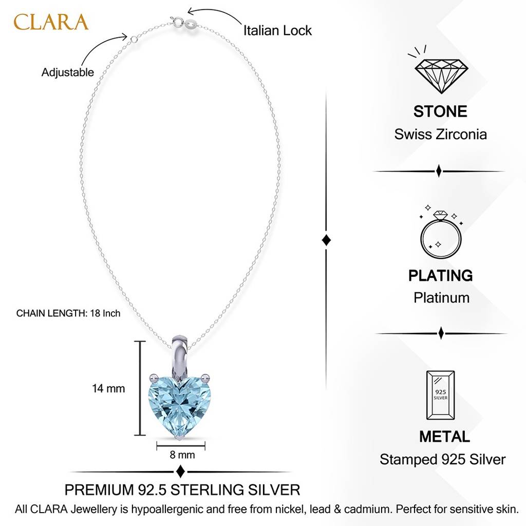 925 Sterling Silver Sky Blue Solitaire Heart Pendant With Chain : CSSOLP1HT_BT_LCH