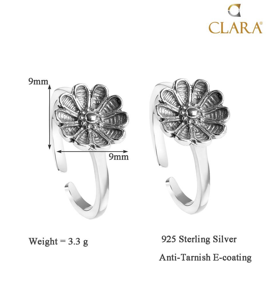 Clara 925 Sterling Silver Size Adjustable Oxidised Flower Toe Rings Pair For Women & Girls : CSTR1